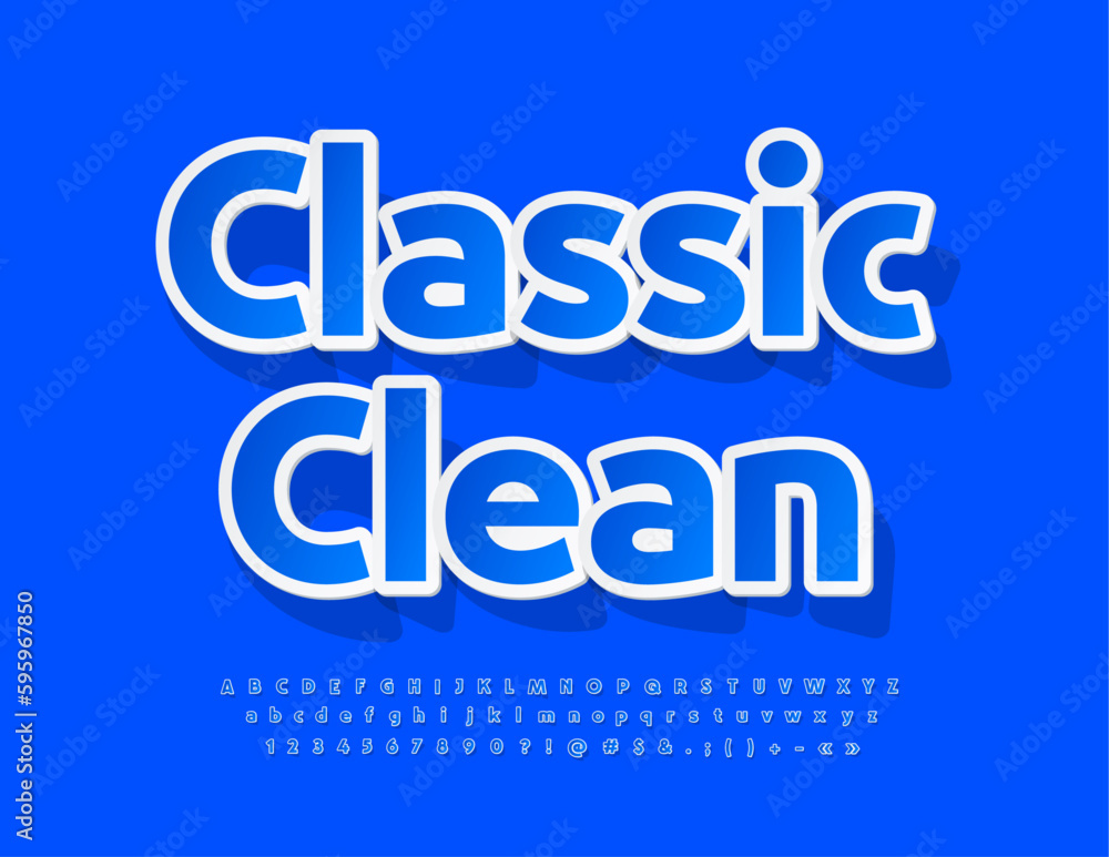 Vector bright sign Classic Clean. Blue sticker Font. Creative set of Alphabet Letters, Numbers and Symbols