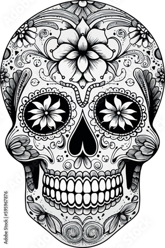 Sugar Skulls. Day of the Dead Skull, isolated on white background. Dia de los Muertos. Mexican sugar skull. Design element for logo, emblem, sign, poster, card, banner. Vector illustration. Black