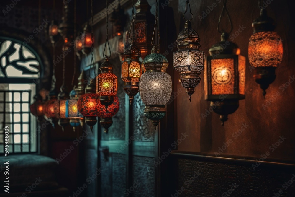 A background depicting Islamic culture with hanging lanterns. Generative AI