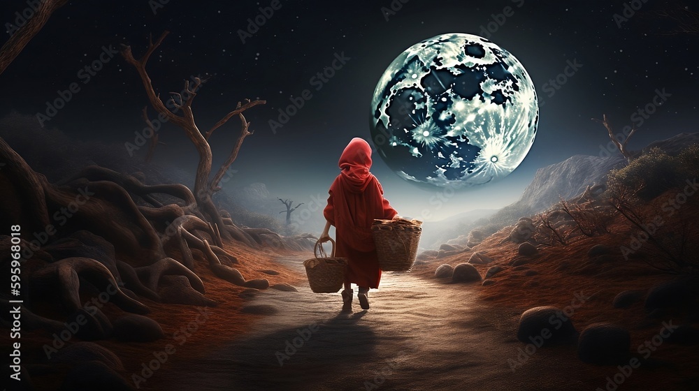 Obraz premium ai generated Red Ridinghood traveling through space could be a best background or decoration 