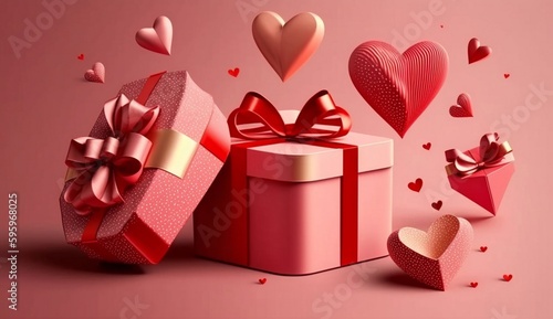 valentine's day. background with realistic festive gifts box. romantic present. pink boxes with red ribbon gift surprise. Generative AI © myAstock