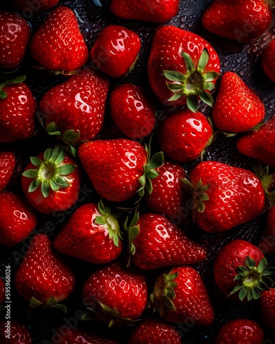Top down view of fresh strawberries with waterdrops. AI Generative Art.