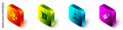 Set Isometric Christian chalice, Flag with christian cross, Grave and Holy water bottle icon. Vector