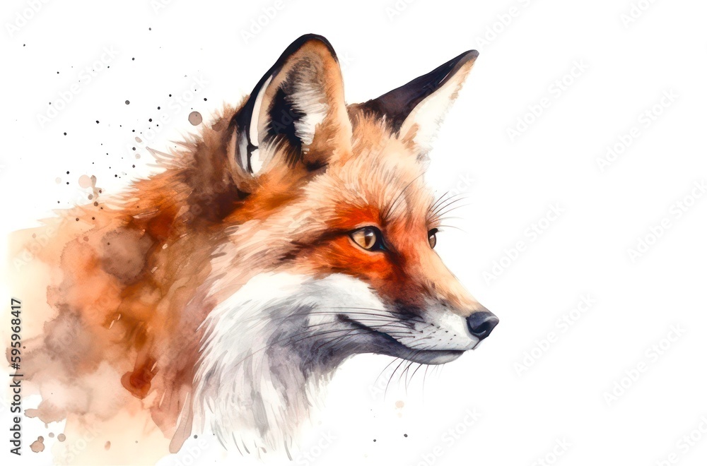Obraz premium Watercolor portrait of a red fox on white background. Generative AI.