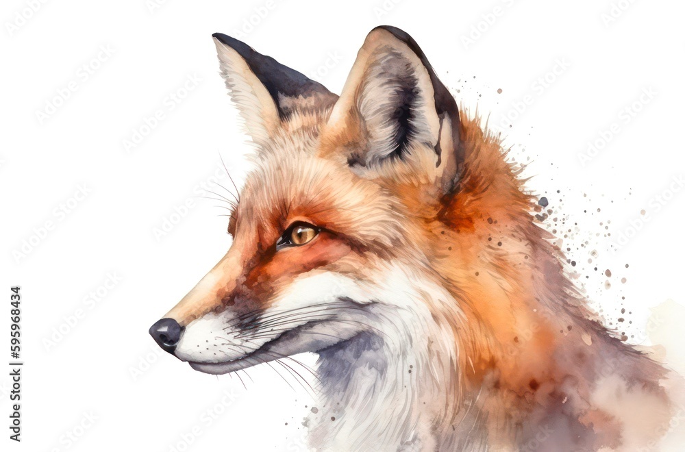 Watercolor portrait of a red fox on white background. Generative AI.
