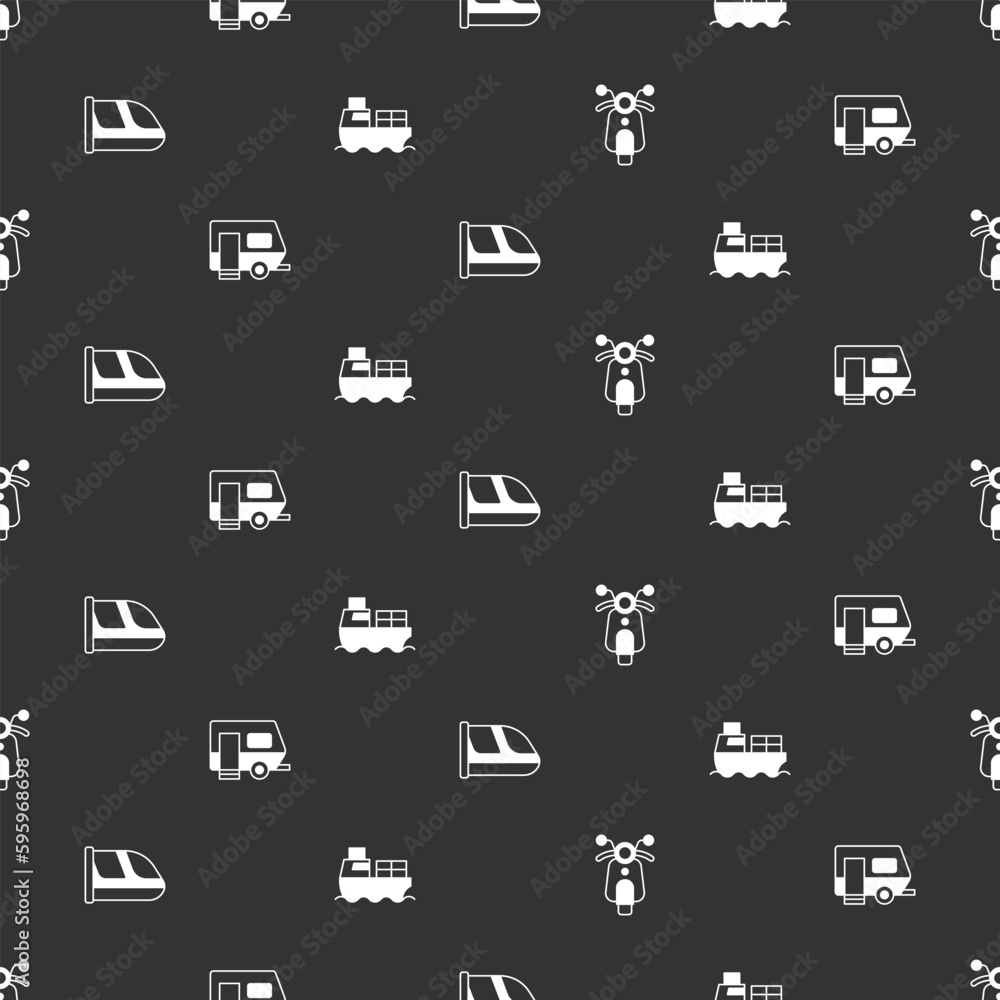 Set Scooter, Rv Camping trailer, Train and railway and Cargo ship with boxes delivery on seamless pattern. Vector