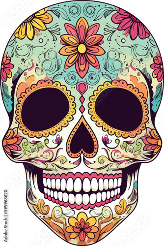 Sugar Skulls. Day of the Dead Skull, isolated on white background. Dia de los Muertos. Mexican sugar skull. Design element for logo, emblem, sign, poster, card, banner. Vector illustration. Color