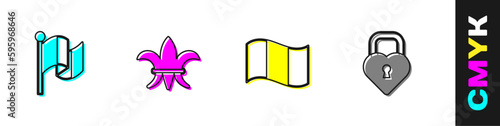 Set Flag France, Fleur De Lys, and Castle in the shape of heart icon. Vector
