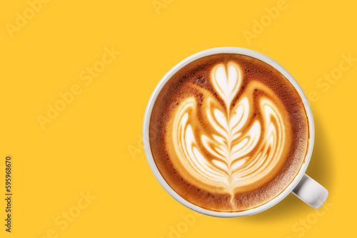 hot coffee cappuccino or latte coffee top view isolated on yellow background with clipping path