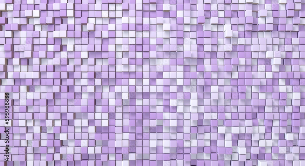 Random structure of cubes of different heights. Abstract geometric background in purple and white colors. 3d render