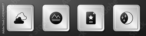 Set Cloudy weather, Earth element, Star constellation zodiac and Eclipse of sun icon. Silver square button. Vector