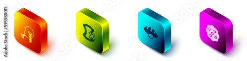 Set Isometric Genetically modified chicken, No leather, Vegan bread loaf and Cookie or biscuit icon. Vector