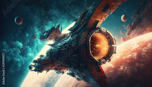Fotografia a battleship in space, scifi wallpaper style, generative ai technology