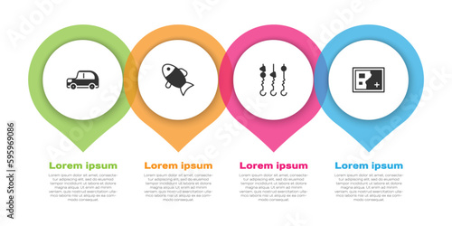Set Car, Fish, Grilled shish kebab on skewer and Folded map. Business infographic template. Vector