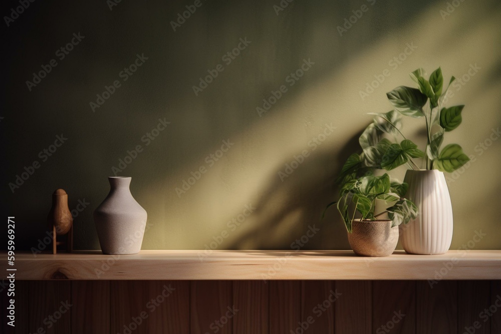 Wall mock up with cream color, vase, green plant and wooden shelf. Generative AI