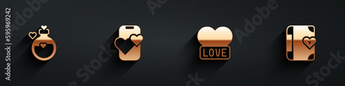 Set Bottle with love potion, Dating app online mobile, Heart and Love diary icon with long shadow. Vector