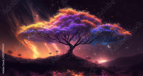 an epic cherry tree in space, lights in background, generative ai technology