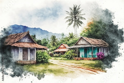 Countryside landscape depicting old houses amidst nature in watercolor style. Fantasy concept   Illustration painting. Generative AI