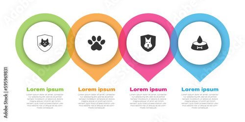 Set Animal health insurance, Paw print, and Pet food bowl for cat or dog. Business infographic template. Vector
