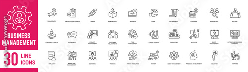 Business Management thin line icons set. Marketing, business, vision, mission, planning, strategy, teamwork and more… Vector illustration.