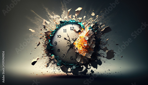 a clock is exploding, no time left in life, special artwork, generative ai technology photo