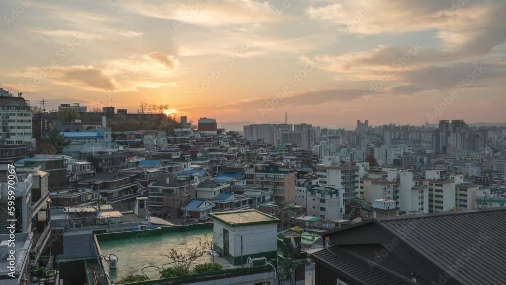 Seoul South Korea time lapse 4K, city skyline night to day sunrise timelapse at Seoul city center view from Naksan Park in autumn Seoul South Korea time lapse 4K, city skyline night to day sunrise timelapse at Seoul city center view from Naksan Park in autumn