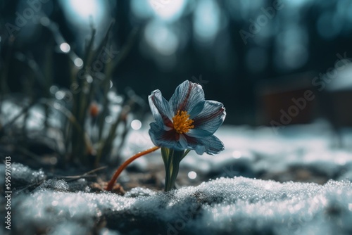 A flower pushing through icy ground. Generative AI
