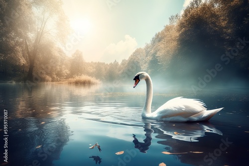 Beautiful landscape art with swans floating in the water from generative ai © supatthanan