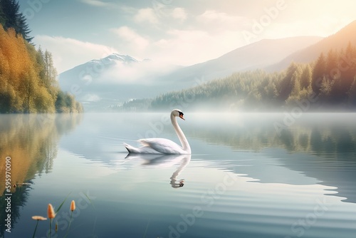 Beautiful landscape art with swans floating in the water from generative ai