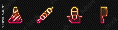 Set line Kitchen apron, Steak meat, Grilled shish kebab and Meat chopper. Glowing neon icon. Vector