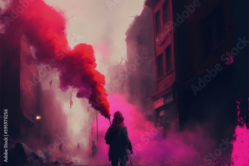 Woman clutching red smoke signal on lane in deserted urban settlement. Fantasy concept , Illustration painting. Generative AI