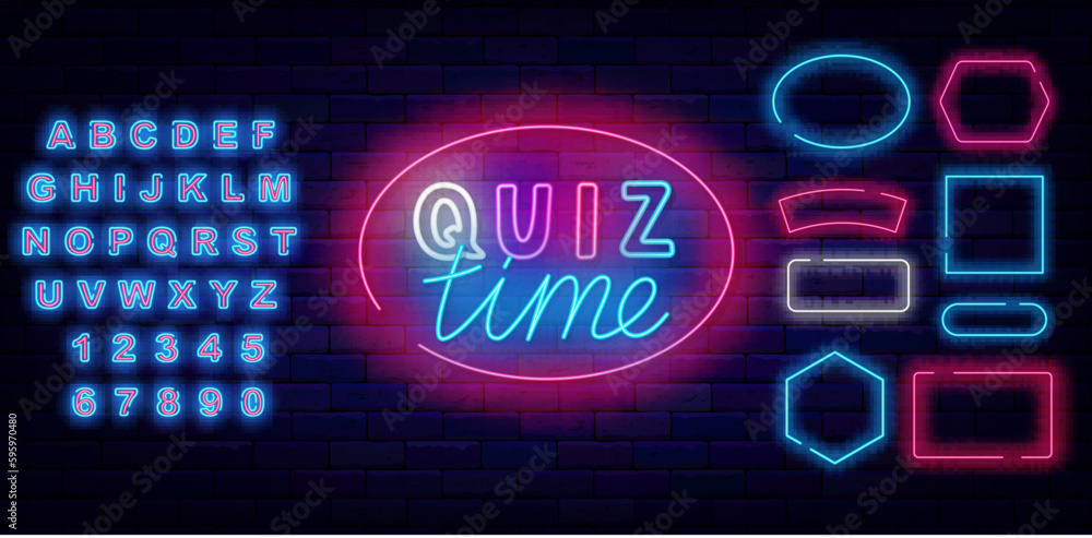 Quiz time neon label. Multicolored handwritten text. Luminous blue alphabet. Vector stock illustration Quiz time neon label. Multicolored handwritten text. Luminous blue alphabet. Vector stock illustration