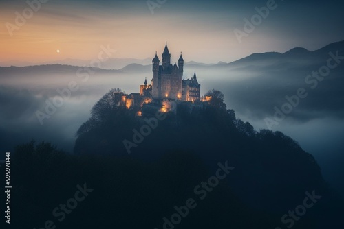 A magical castle on a hill in the moonlit sky surrounded by clouds and fog. Generative AI