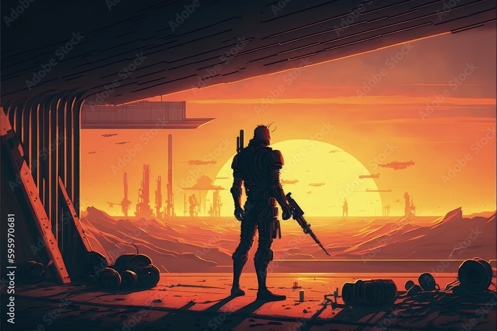 male carrying hightech firearm positioned in deserted city during