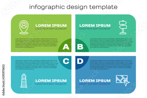 Set line Lighthouse, Location with person, City map navigation and Road traffic sign. Business infographic template. Vector