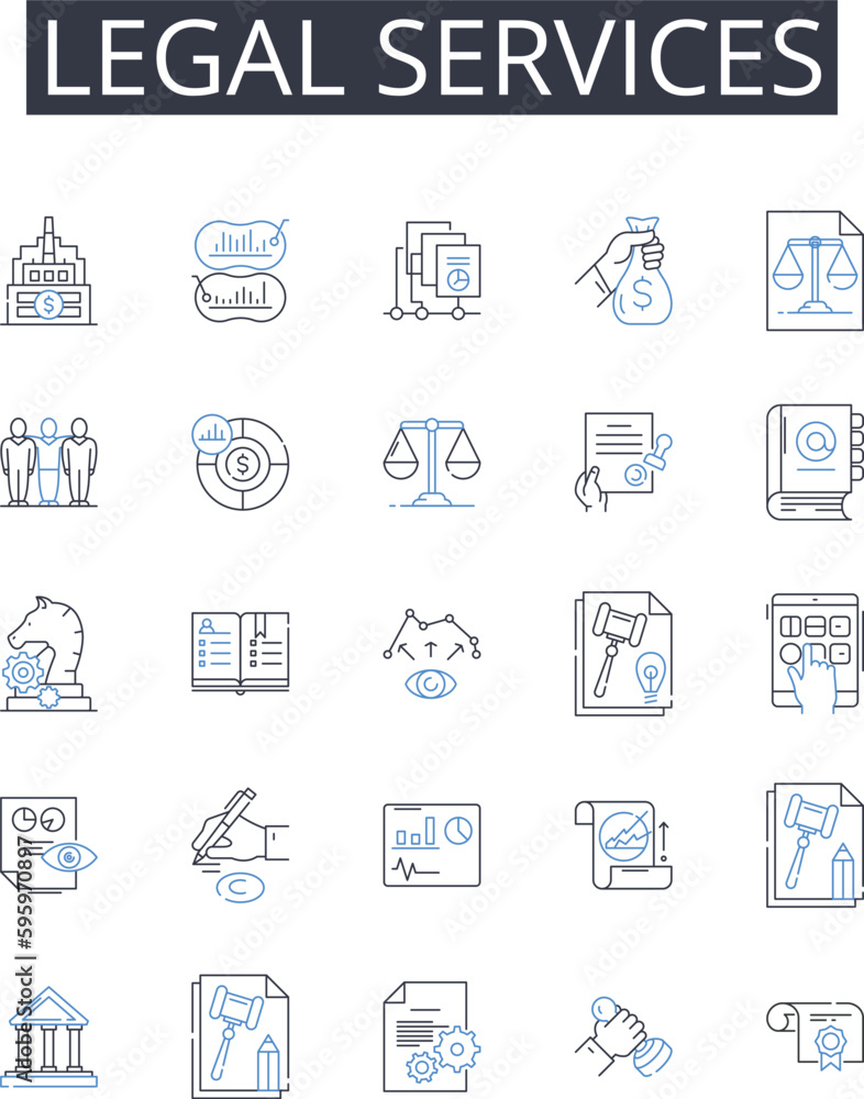 Legal services line icons collection. Legal aid, Counsel, Advocacy, Representation, Assistance, Advice, Consultation vector and linear illustration. Expertise,Guidance,Support outline signs set