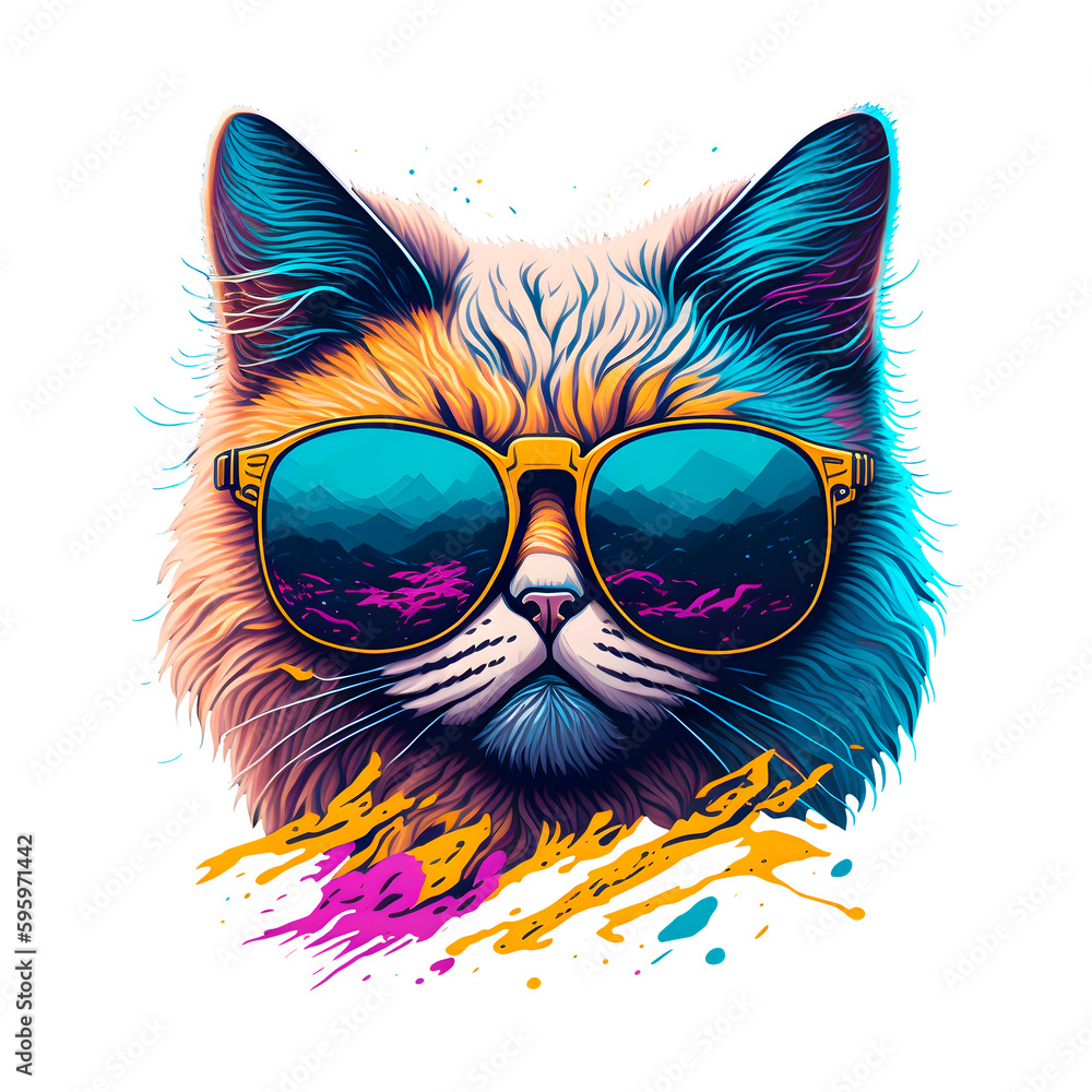 portrait of a fashionable cat in sunglasses on a transparent background, print-ready t-shirt design or sticker, generative ai