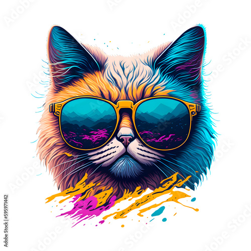 portrait of a fashionable cat in sunglasses on a transparent background, print-ready t-shirt design or sticker, generative ai © Yuliia