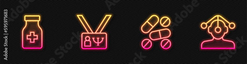 Set line Medicine pill or tablet, Sedative pills, Psychology and Hypnosis. Glowing neon icon. Vector