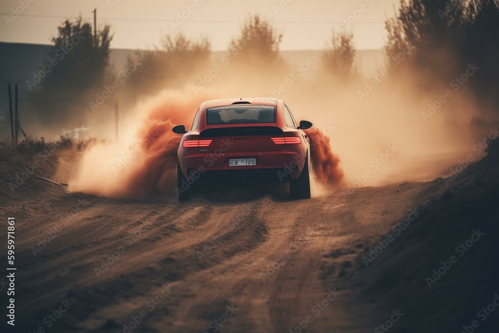 Speedy red car on dusty track, smoke trailing. Generative AI