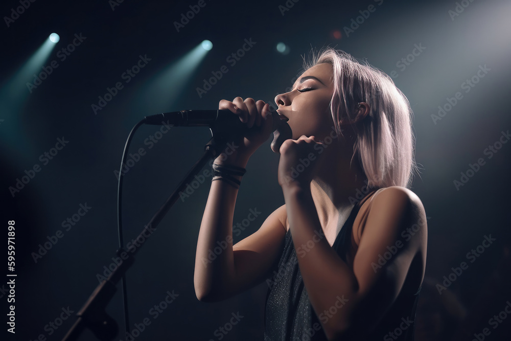 pop singer on stage during a concert. Generative AI - obrazy, fototapety, plakaty 