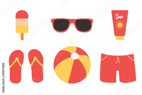 Summer elements, travel, beach, summer accessory. A set of vector illustrations in cartoon style. Sunglasses, sun cream, flip-flops, beach ball