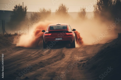 Speedy red car on dusty track, smoke trailing. Generative AI