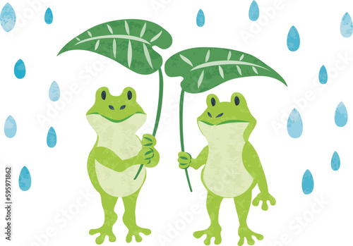 6月　梅雨　雨粒と葉っぱを持ったカエルのイラスト