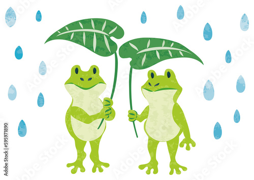 Фотография 6月　梅雨　雨粒と葉っぱを持ったカエルのイラスト