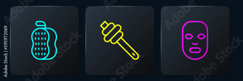 Set line Washcloth, Facial cosmetic mask and Honey dipper stick. Black square button. Vector