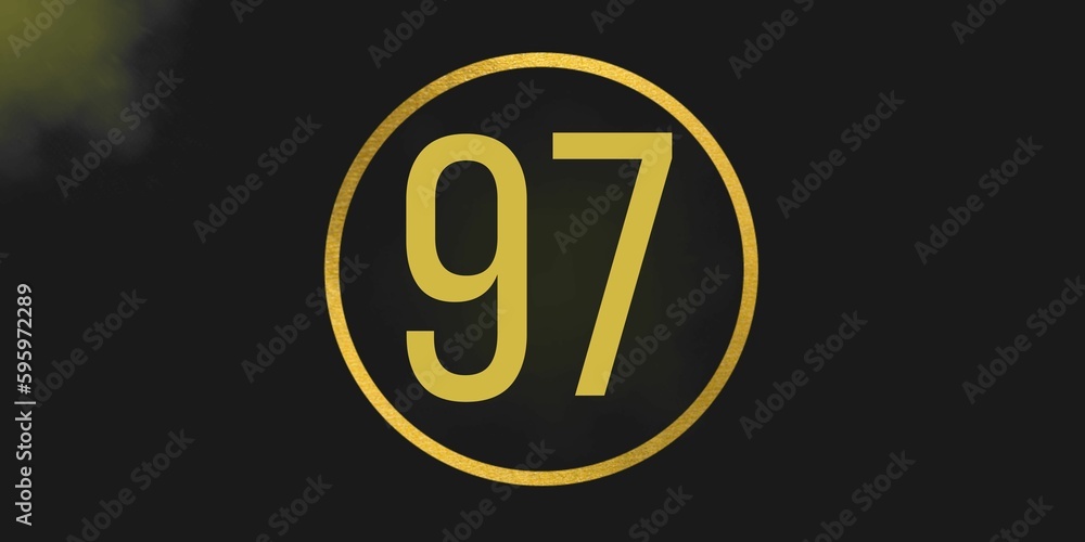 Number 97. Banner with the number ninety seven on a black background and gold details with a circle gold in the middle Number 97. Banner with the number ninety seven on a black background and gold details with a circle gold in the middle