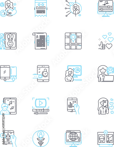 Keyword research linear icons set. Analysis, Targeting, Optimization, Competitors, Tools, Insights, Volume line vector and concept signs. Strategy,Ranking,Trends outline illustrations