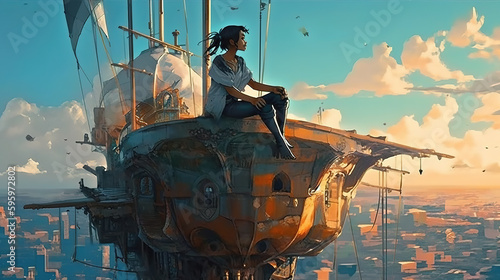 a scifi inspired pirate woman sitting on hre flying ship, generative ai technology photo