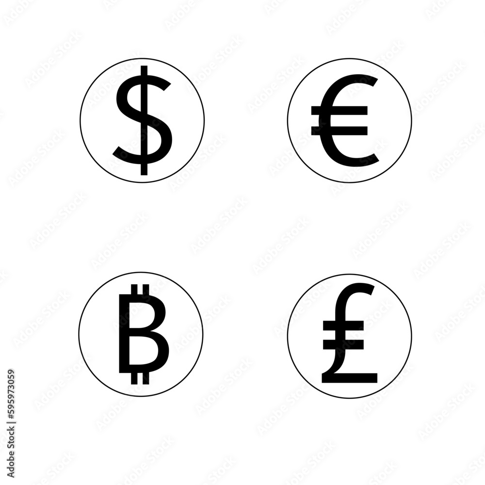 Set of currency icons. Dollar, euro, pound sterling, bitcoin. Vector, isolated on white background. Set of currency icons. Dollar, euro, pound sterling, bitcoin. Vector, isolated on white background.